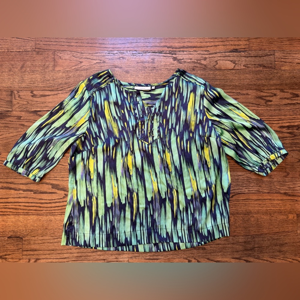 Sejour 18W Abstract Ikat Print Blouse Green Blue Yellow 3/4 Sleeve Plus Size